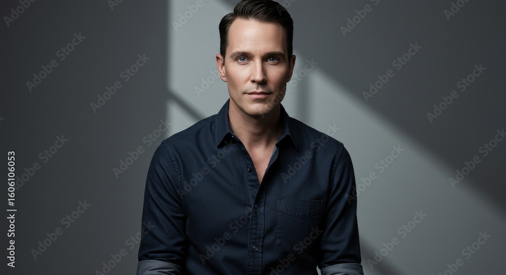 Obraz premium Confident man posing in professional studio portrait with modern lighting style