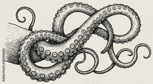 Intricate vintage octopus tentacles drawing with detailed suckers illustration