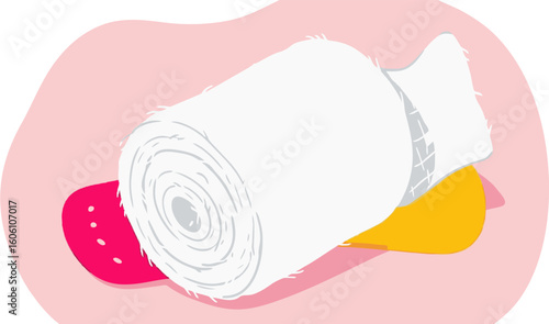 Unwound Bandage Roll with Adhesive Strips in Pink and Yellow Tones