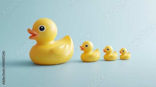 Wallpaper Mural This image shows a big yellow rubber duck and three small ones lined up on a light blue background, representing a cute toy scene. Torontodigital.ca