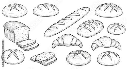 Hand-drawn sketch of various types of bread isolated on white background