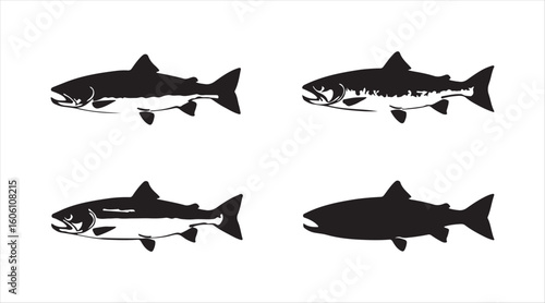Vector icons of salmon fish, including sea saltwater humpback and freshwater river pink salmon or trout species. These are isolated symbols perfect for a seafood restaurant.

