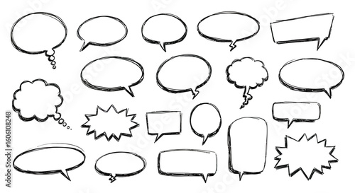 Collection of hand drawn speech bubbles and thought balloons in doodle style