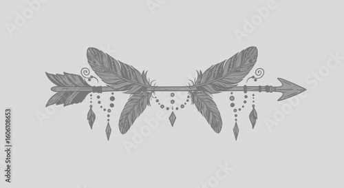 Boho arrow with feathers and bead tassels, vector illustration, vintage graphic