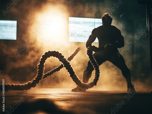 Silhouette of a Man Doing Battle Rope Exercises in a Dark Gym