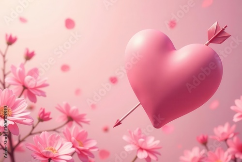 Pink heart pierced by an arrow amidst blossoming flowers, a tender romantic visual