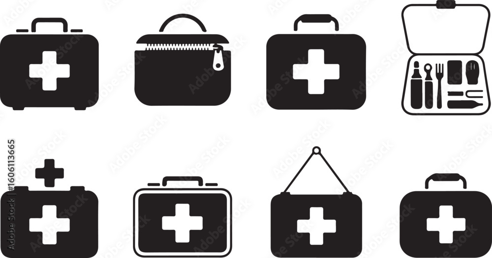 First Aid Kit and Medical Case Icons Set First Aid Kit and Medical Case Icons Set
