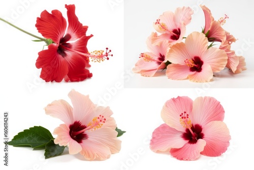Collection of Stunning Hibiscus Flowers in Full Bloom Displaying Vibrant Colors on a Clean White Background Ready for Design