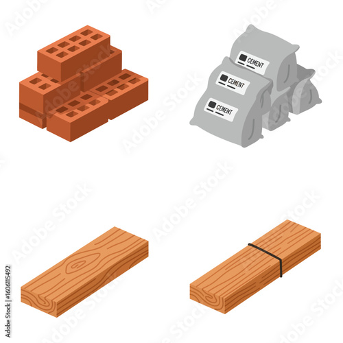 Construction materials isometric view: bricks, cement bags, wooden planks, and lumber, perfect for architecture, engineering, and building projects, providing a detailed and realistic illustration of