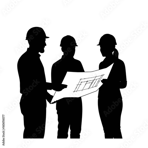 Silhouetted construction workers in hard hats review blueprints together, discussing a building project on a white background.