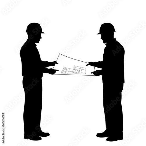 Silhouetted architects in hard hats reviewing blueprints, collaborating on a construction project, with a focus on planning and design against a clean white background.