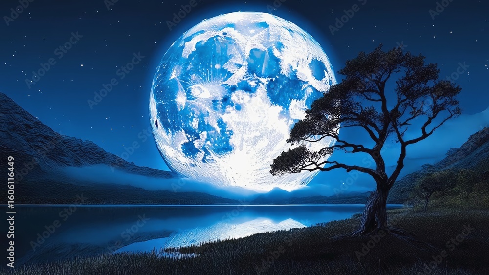 Naklejka premium Enchanted night scenery with a massive glowing moon and lone tree beside calm lake, evoking a mystical tranquil atmosphere, space of nature beauty blended with fantasy and cosmic dreamlike emotions