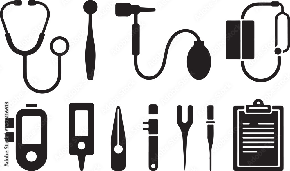 Fototapeta premium Medical Diagnostic Equipment and Healthcare Tools Icons Set