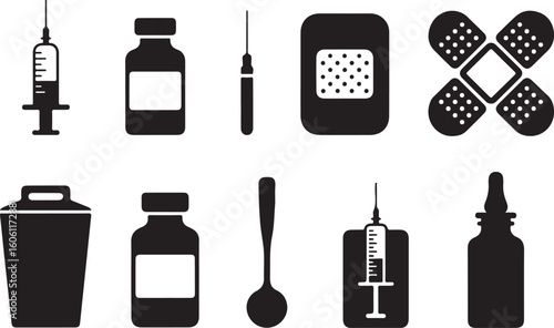  This set of icons depicts essential medical supplies, including syringes, medicine bottles, bandages, and droppers, designed in a simple black-and-white style. These icons represent key components of