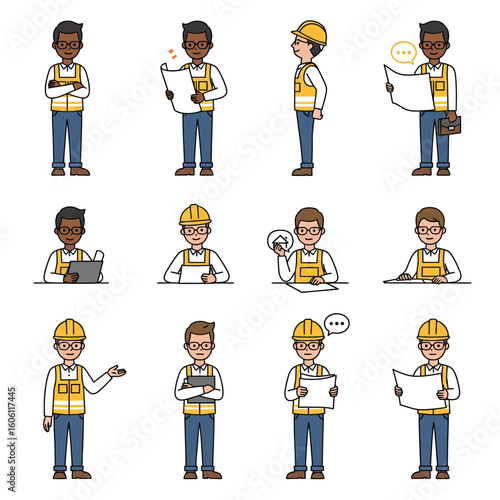 Diverse set of construction workers and engineers in various poses, wearing safety vests and hard hats, showcasing different tasks and expressions in a vector style.