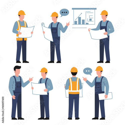 Construction workers in hard hats and safety vests collaborating on blueprints and project plans, illustrating teamwork and development.