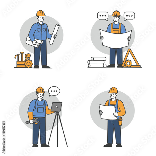 A set of four modern flat line illustrations depicting male engineers and construction workers engaged in various professional tasks on a job site.