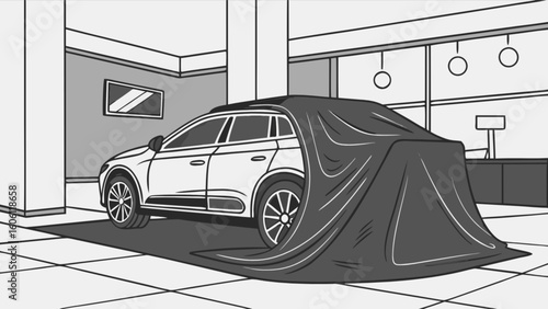 New car reveal at dealership showroom with cover sheet unveiling automotive industry marketing campaign