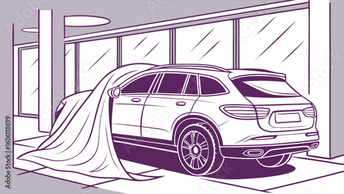 New car suv reveal luxury vehicle unveiling covered in cloth at dealership showroom purchase dream auto