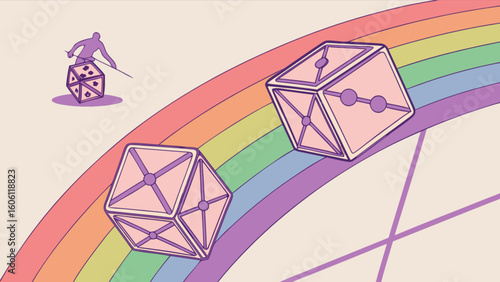 Rolling dice on rainbow bridge illustration for game design and fantasy art with pastel color palette concept