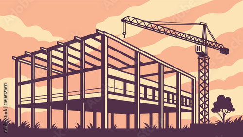 Construction site building under construction with crane and steel frame structure illustration design