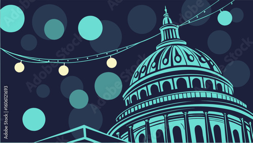 Capitol building illustration with string lights and bokeh background vector design asset image