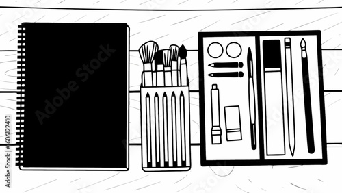 Black and white drawing of art supplies makeup brushes sketchbook and makeup palette for creative projects