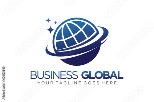 Global business logo design featuring a stylized globe earth with ring, network connection vector illustration with stars element