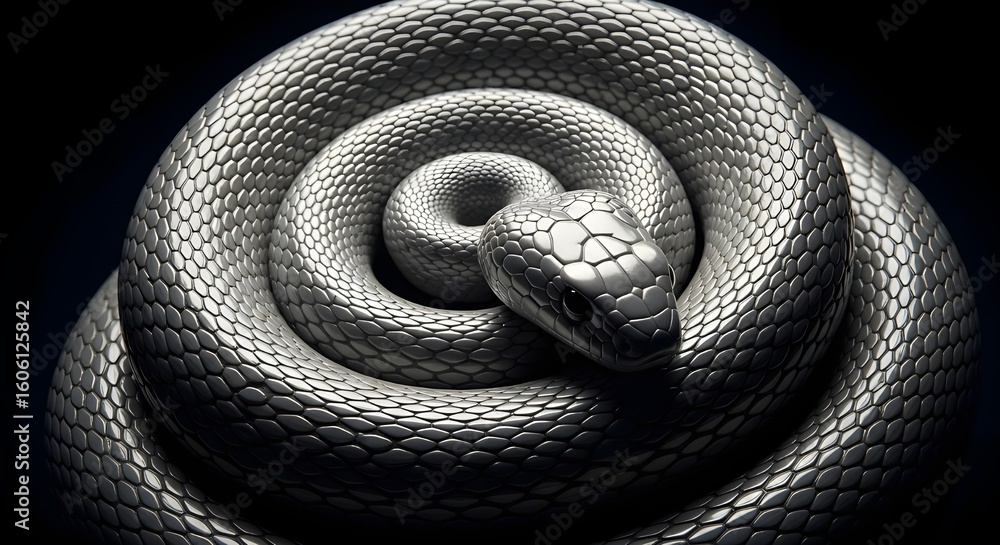 Fototapeta premium Regal Platinum Serpent: Striking Black and White Snake Coiled on a Dark Background