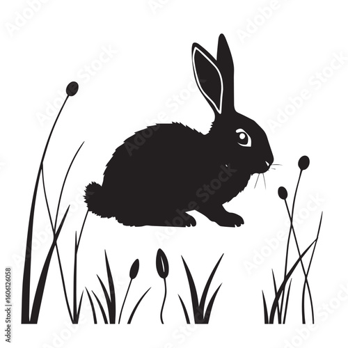 Black silhouette of a fluffy rabbit sitting in tall grass with reeds on a white background
