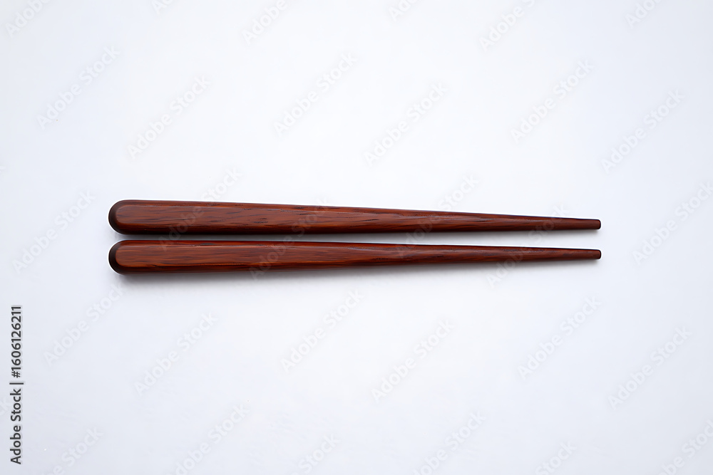 Two dark wooden chopsticks elegantly arranged horizontally against a clean white background for a minimalist aesthetic Two dark wooden chopsticks elegantly arranged horizontally against a clean white background for a minimalist aesthetic