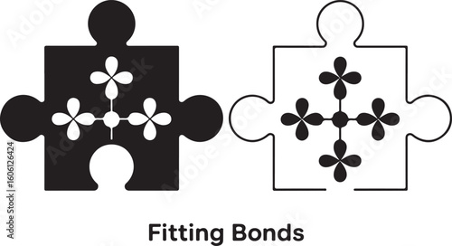 A black-and-white illustration of two puzzle pieces with flower patterns, representing the concept of fitting bonds or connections.