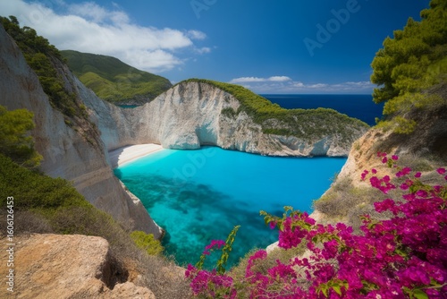 Navagio Beach Greece Breathtaking Turquoise Waters and White Cliffs Framed by Lush Greenery and Vibrant Pink Flowers a Mediterranean Paradise