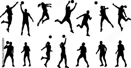 Group of volleyball players, men and women playing volleyball, set of isolated vector silhouettes	