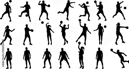 Group of volleyball players, men and women playing volleyball, set of isolated vector silhouettes	