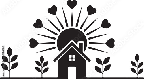 A black-and-white illustration of a house with a sunburst of hearts and surrounding plants, symbolizing love, warmth, and home.