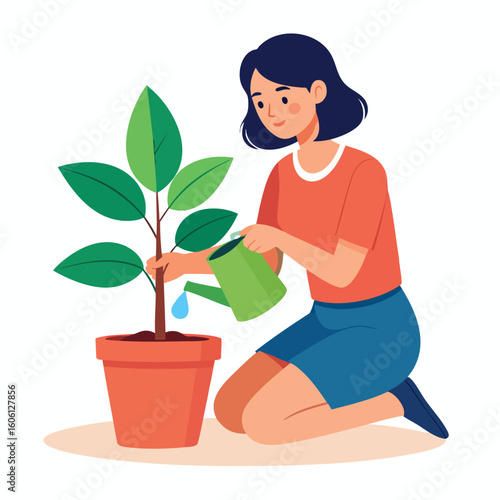 A woman kneeling and watering a potted plant with a green watering can, showing care and nurturing.