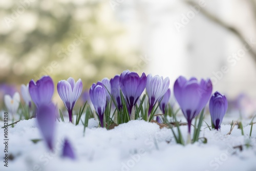 Purple and white crocuses blooming in the snow heralding springtime and new beginnings delicate petals and fresh growth