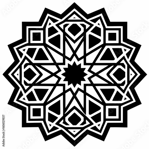 Black and white Islamic geometric star pattern with intricate tessellations vector