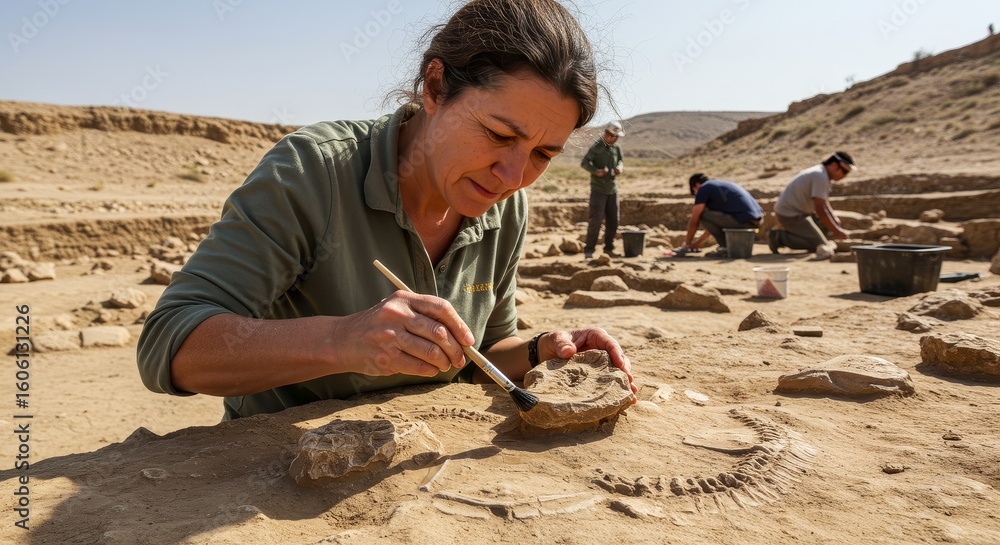 Naklejka premium Dedicated archaeologist meticulously excavating ancient fossil at desert dig site with team