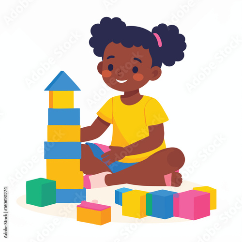A young girl with dark hair plays with colorful building blocks, carefully stacking them into a tower.