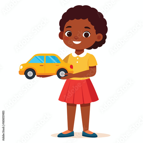 A smiling young girl holding a bright yellow toy car.