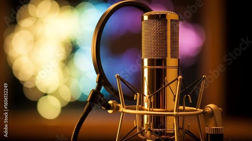 Golden Microphone In Studio With Blurred Colorful Bokeh Background And Focused Detail