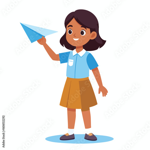 A young girl in school uniform holding a paper airplane, ready to launch it.