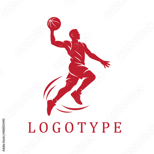 A bold monochrome logo featuring a male basketball player captured mid-slam dunk in silhouette style. The dynamic pose and clean lines emphasize speed, power, and athletic grace.