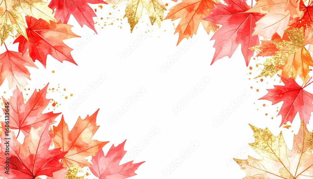 Fototapeta premium Corner design of falling red maple leaves in watercolor, creating a light and elegant frame.