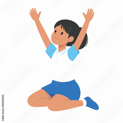 A young girl in school uniform sits with arms raised, celebrating.