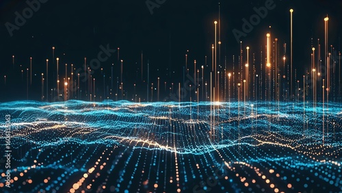 Undulating waves of blue and orange digital particles rise and fall against a dark background, futuristic data streams or abstract digital terrain in a stylized high-tech landscape visualization