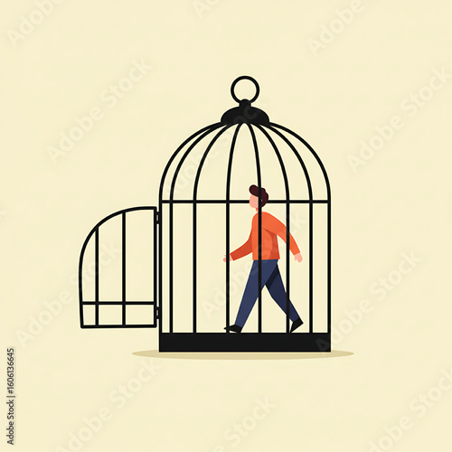 Man walks inside a large open birdcage, symbolizing confinement or self-imposed limitations.
