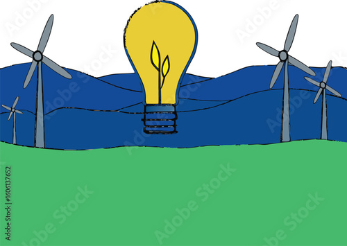 Wind Energy Concept Light Bulb Powered by Wind Turbine